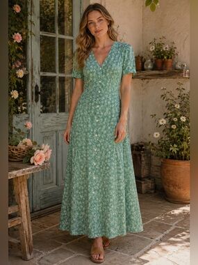 90s vintage green cream floral maxi dress Size 12 Liz Claiborne Cottagecore